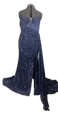 16 XL Formal Dress Dark Navy Blue corset sequin stretchy maxi dress mermaid stra
